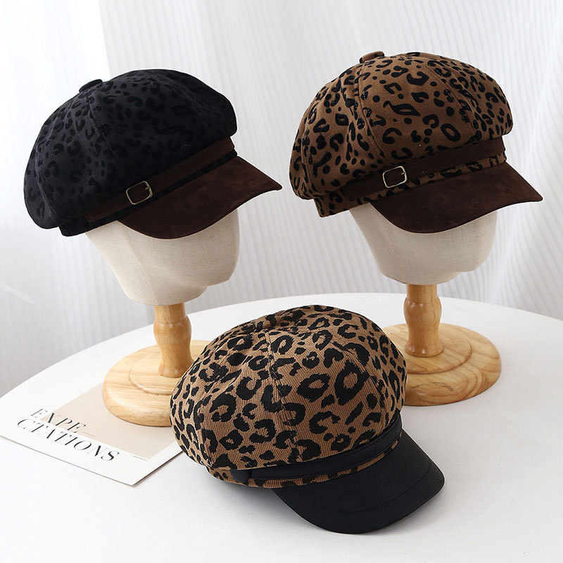 Vintage Fashion Hats - قبعة بيريه عريضة الحواف بنقشة الفهد