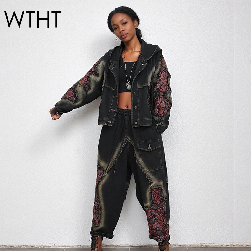 Patchwork Jean Jacket - WTHT موضة المرأة غسل المرقعة طويلة