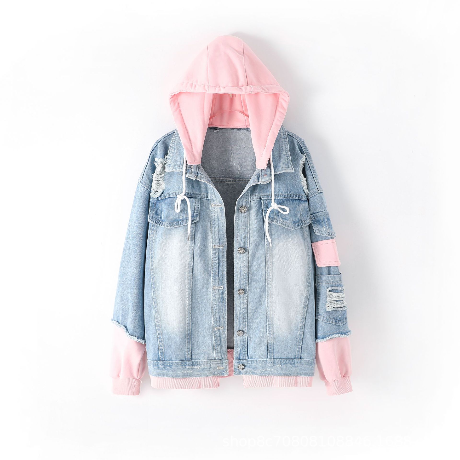 Patchwork Jean Jacket - النمط الأوروبي فضفاض مقنعين لوحات الدنيم