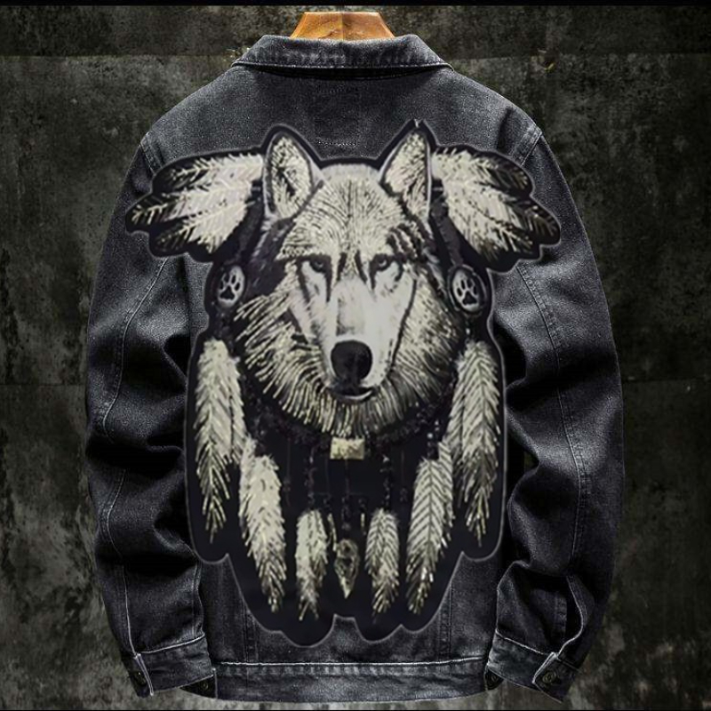 Patchwork Jean Jacket - أمريكا خمر الثقيلة الذئب المطرزة التصحيح